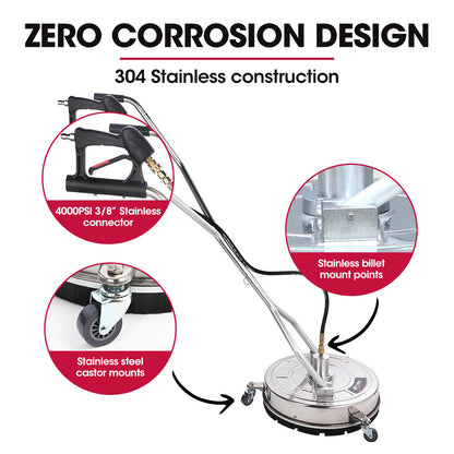 Jet-USA 18" Stainless Steel Pressure Washer Surface Cleaner with Yoke Handlebar, 3/8" Fitting, For Concrete Driveway Patio Floor