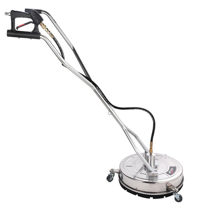 A Jet-USA 21" Stainless Steel Pressure Washer Surface Cleaner with Yoke Handlebar, 3/8" Fitting, For Concrete Driveway Patio Floor with a large round base, handlebar, and wheels is shown. It features a pressure washer spray gun attached to the handle, connected to hoses leading to the base. The stainless steel cleaner is designed for heavy-duty cleaning tasks.