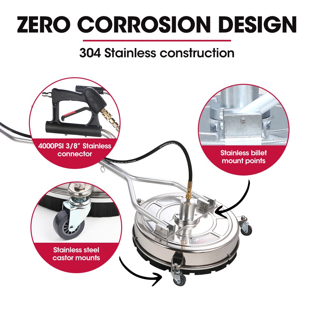 A Jet-USA 21" Stainless Steel Pressure Washer Surface Cleaner with Yoke Handlebar, 3/8" Fitting, For Concrete Driveway Patio Floor with a large round base, handlebar, and wheels is shown. It features a pressure washer spray gun attached to the handle, connected to hoses leading to the base. The stainless steel cleaner is designed for heavy-duty cleaning tasks.