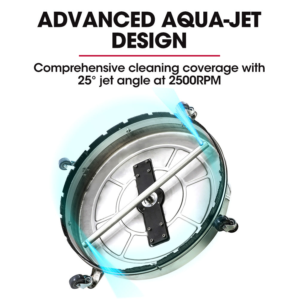 A Jet-USA 24" Stainless Steel Pressure Washer Surface Cleaner, 3/8" Fitting, with Yoke Handlebar, for Concrete Driveway Patio Floor with a circular base and four wheels. It features a handlebar with an attached spray gun and connected hoses, bent at multiple points for ergonomic grip options.