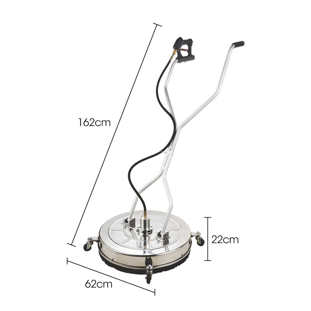 A Jet-USA 24" Stainless Steel Pressure Washer Surface Cleaner, 3/8" Fitting, with Yoke Handlebar, for Concrete Driveway Patio Floor with a circular base and four wheels. It features a handlebar with an attached spray gun and connected hoses, bent at multiple points for ergonomic grip options.