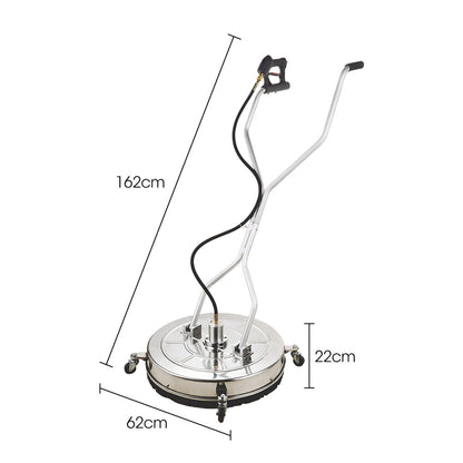 A Jet-USA 24" Stainless Steel Pressure Washer Surface Cleaner, 3/8" Fitting, with Yoke Handlebar, for Concrete Driveway Patio Floor with a circular base and four wheels. It features a handlebar with an attached spray gun and connected hoses, bent at multiple points for ergonomic grip options.