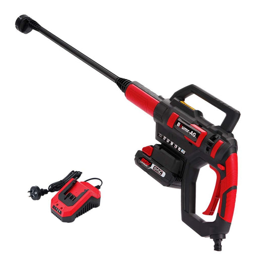 The image shows a BAUMR-AG 400PSI Pressure Washer Cleaner, 20V Electric Cordless Water Spray Gun Kit 6 Stage with a long black nozzle and a red and black handle. Next to it is an accompanying red and black battery charger with an attached black power cord, making it the perfect portable cleaning solution.