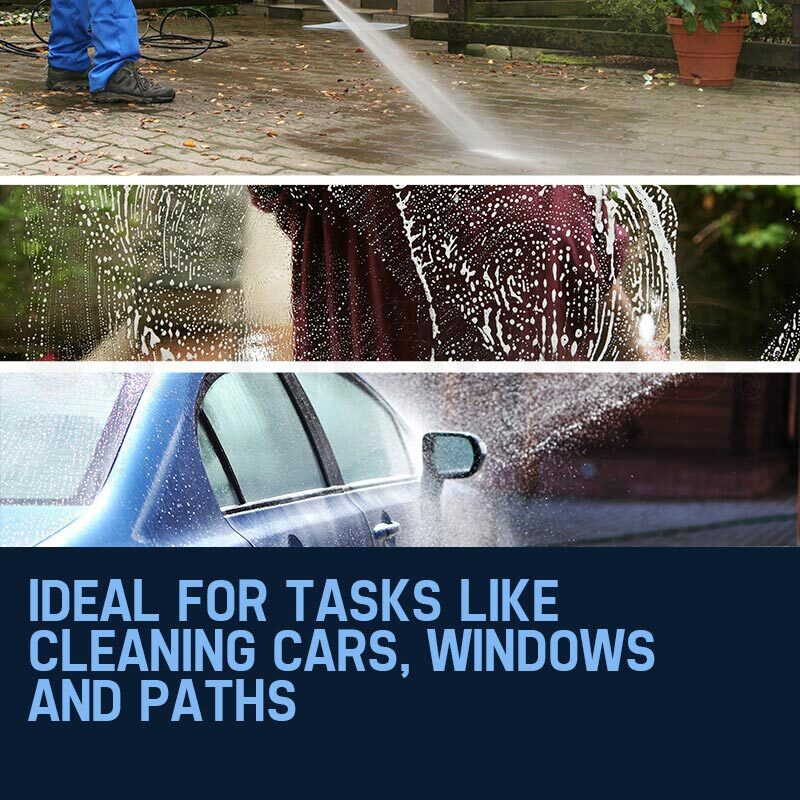 Image comparing two pressure washers. On the left, a yellow pressure washer labeled "Powerful 1800PSI" with a height of 45 cm. On the right, an orange JET-USA 1800 PSI High Pressure Washer Electric Water Cleaner Gurney Pump 8M Hose labeled "Claimed 2100PSI" with a height of 72 cm. Text warns about overrated pressure claims, real tested output only around 800psi.