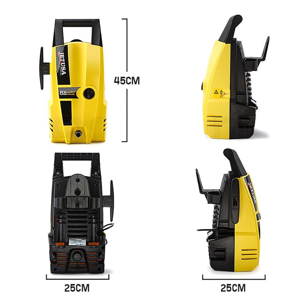 Image comparing two pressure washers. On the left, a yellow pressure washer labeled "Powerful 1800PSI" with a height of 45 cm. On the right, an orange JET-USA 1800 PSI High Pressure Washer Electric Water Cleaner Gurney Pump 8M Hose labeled "Claimed 2100PSI" with a height of 72 cm. Text warns about overrated pressure claims, real tested output only around 800psi.