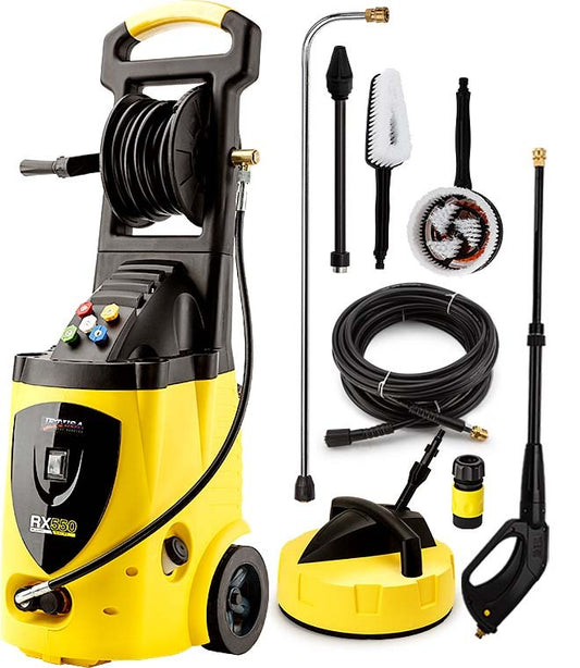 Image of a yellow and black JET-USA 3500 PSI High Pressure Water Cleaner Washer Electric Pump Hose Gurney with various attachments. The main unit has wheels, a hose reel, and control buttons. Accessories include a wand, high-pressure hose, cleaning brush, rotary brush, nozzle, and detergent bottle for superior cleaning power.