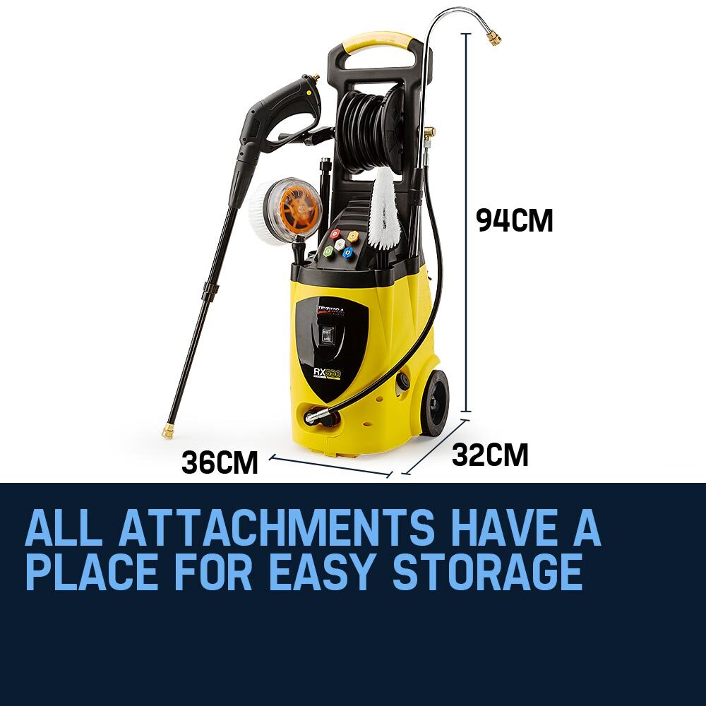 Image of a yellow and black JET-USA 3500 PSI High Pressure Water Cleaner Washer Electric Pump Hose Gurney with various attachments. The main unit has wheels, a hose reel, and control buttons. Accessories include a wand, high-pressure hose, cleaning brush, rotary brush, nozzle, and detergent bottle for superior cleaning power.