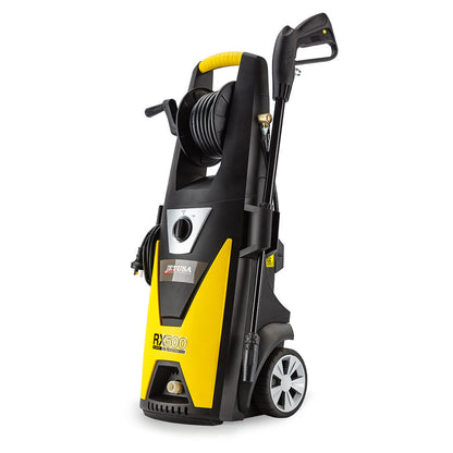 A yellow and black JET-USA 2400W 2400PSI High Pressure Washer Cleaner Electric Adjustable Water Spray Gun Gurney with a handle and wheels for easy transport. There is a hose reel on top, a spray gun attached to the side, and the model number "RX550" visible on the front. The design includes a power switch and various attachments, ensuring unmatched cleaning power.