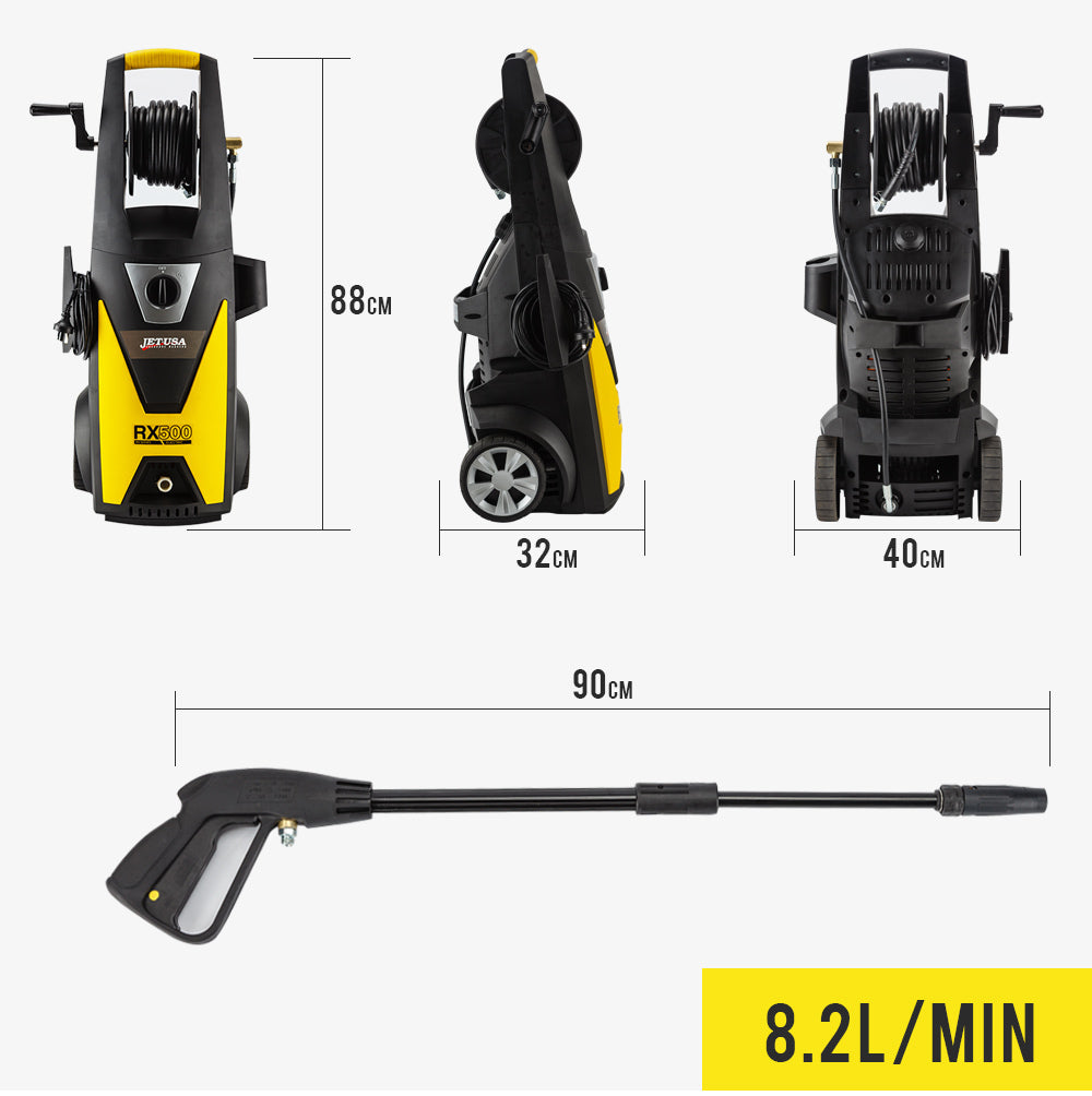 A yellow and black JET-USA 2400W 2400PSI High Pressure Washer Cleaner Electric Adjustable Water Spray Gun Gurney with a handle and wheels for easy transport. There is a hose reel on top, a spray gun attached to the side, and the model number "RX550" visible on the front. The design includes a power switch and various attachments, ensuring unmatched cleaning power.