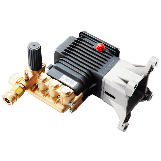 Image of a brass and black pressure washer pump with a red button and three pistons. The Pressure Washer Pump 4000psi RSV4G40 AR Annovi Revereri suits most 9-13 HP, featuring a triplex plunger design from Annovi Reverberi, has a knob for pressure adjustment and is mounted on a gray metal base.