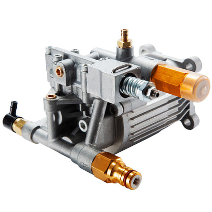 A metallic industrial Pressure Washer Cleaner Replacement Pump, Jet-USA + other brands 3/4 Inch Shaft with various connectors and fittings. The high-pressure cleaner pump has a compact, robust design with a mix of gray, brass, and black components. It features cylindrical and rectangular shapes and includes valves, nozzles for fluid transfer, and a detergent inlet.