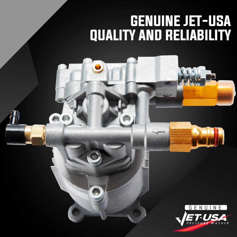 A metallic industrial Pressure Washer Cleaner Replacement Pump, Jet-USA + other brands 3/4 Inch Shaft with various connectors and fittings. The high-pressure cleaner pump has a compact, robust design with a mix of gray, brass, and black components. It features cylindrical and rectangular shapes and includes valves, nozzles for fluid transfer, and a detergent inlet.