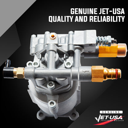 A metallic industrial Pressure Washer Cleaner Replacement Pump, Jet-USA + other brands 3/4 Inch Shaft with various connectors and fittings. The high-pressure cleaner pump has a compact, robust design with a mix of gray, brass, and black components. It features cylindrical and rectangular shapes and includes valves, nozzles for fluid transfer, and a detergent inlet.