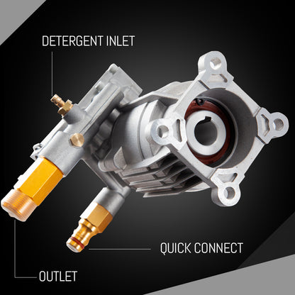 A metallic industrial Pressure Washer Cleaner Replacement Pump, Jet-USA + other brands 3/4 Inch Shaft with various connectors and fittings. The high-pressure cleaner pump has a compact, robust design with a mix of gray, brass, and black components. It features cylindrical and rectangular shapes and includes valves, nozzles for fluid transfer, and a detergent inlet.