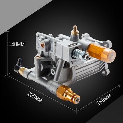 A metallic industrial Pressure Washer Cleaner Replacement Pump, Jet-USA + other brands 3/4 Inch Shaft with various connectors and fittings. The high-pressure cleaner pump has a compact, robust design with a mix of gray, brass, and black components. It features cylindrical and rectangular shapes and includes valves, nozzles for fluid transfer, and a detergent inlet.