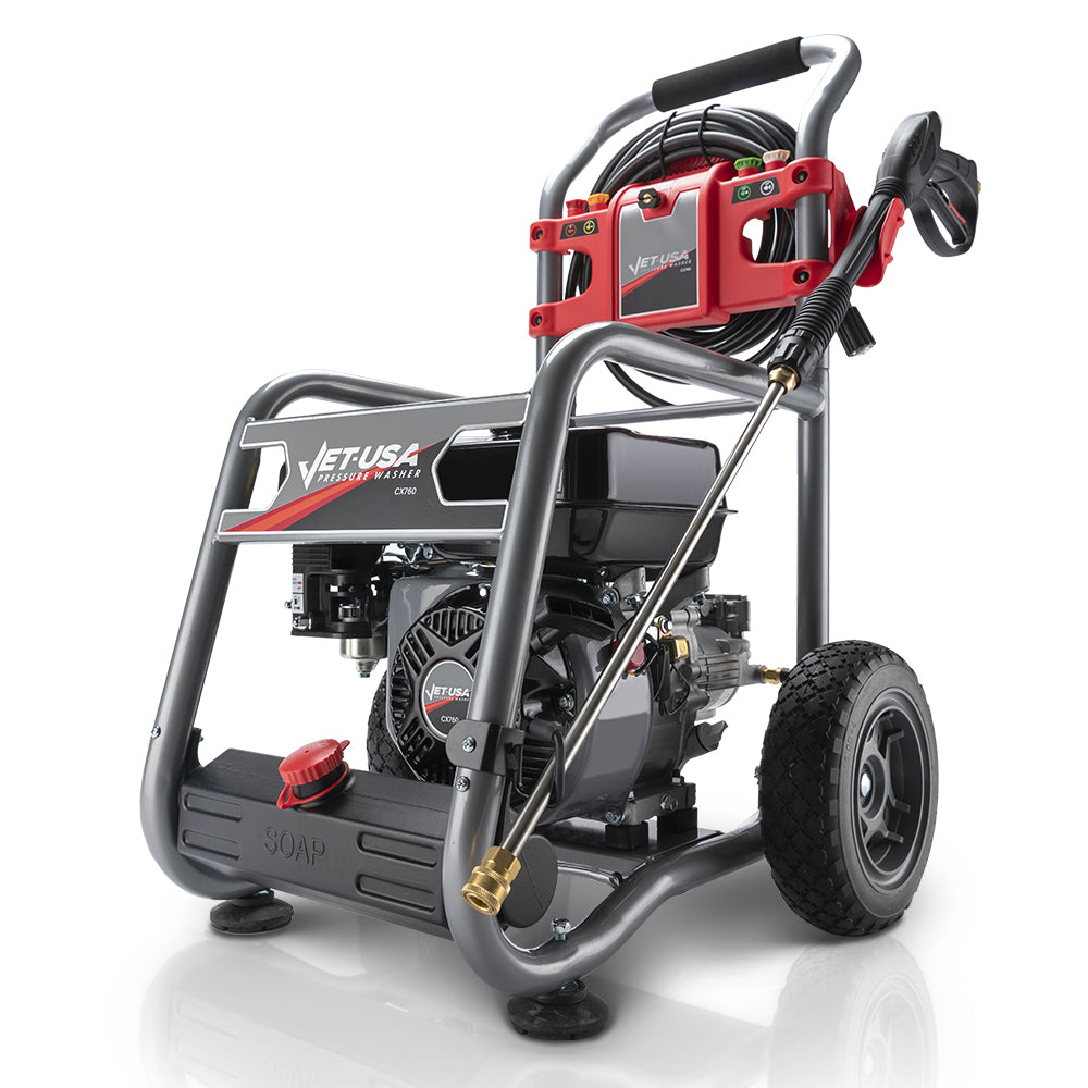 A JET-USA 4800PSI Petrol Powered High Pressure Washer, w/ 30m Hose and Drain Cleaner - CX760 with a sturdy metal frame, large wheels, and a hose with a spray gun attached. The unit boasts a high power output and features a striking red and black exterior with the brand name "Jet-USA CX760" prominently displayed on multiple parts of the machine.