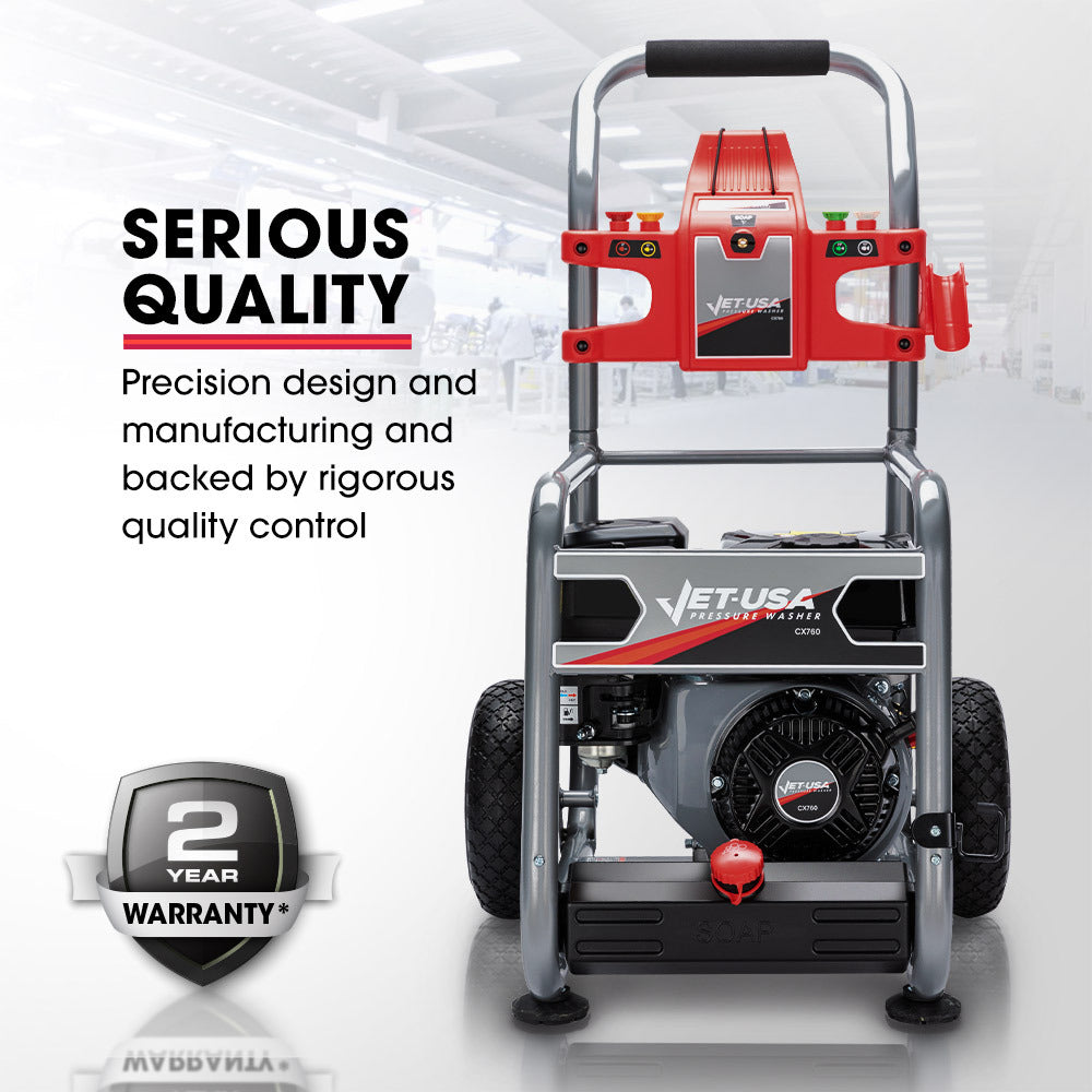 A JET-USA 4800PSI Petrol Powered High Pressure Washer, w/ 30m Hose and Drain Cleaner - CX760 with a sturdy metal frame, large wheels, and a hose with a spray gun attached. The unit boasts a high power output and features a striking red and black exterior with the brand name "Jet-USA CX760" prominently displayed on multiple parts of the machine.