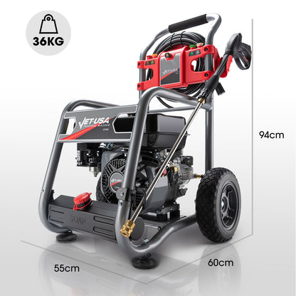 A JET-USA 4800PSI Petrol Powered High Pressure Washer, w/ 30m Hose and Drain Cleaner - CX760 with a sturdy metal frame, large wheels, and a hose with a spray gun attached. The unit boasts a high power output and features a striking red and black exterior with the brand name "Jet-USA CX760" prominently displayed on multiple parts of the machine.