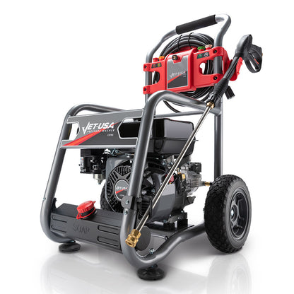 A portable pressure washer with a sturdy metal frame, large wheels, and a mounted wand. The JET-USA 4800PSI Petrol Powered High Pressure Washer, - CX760 features high-quality components, including a prominent engine, coiled hoses, and a detergent tank labeled "SOAP." It has red and black accents and a compact design.