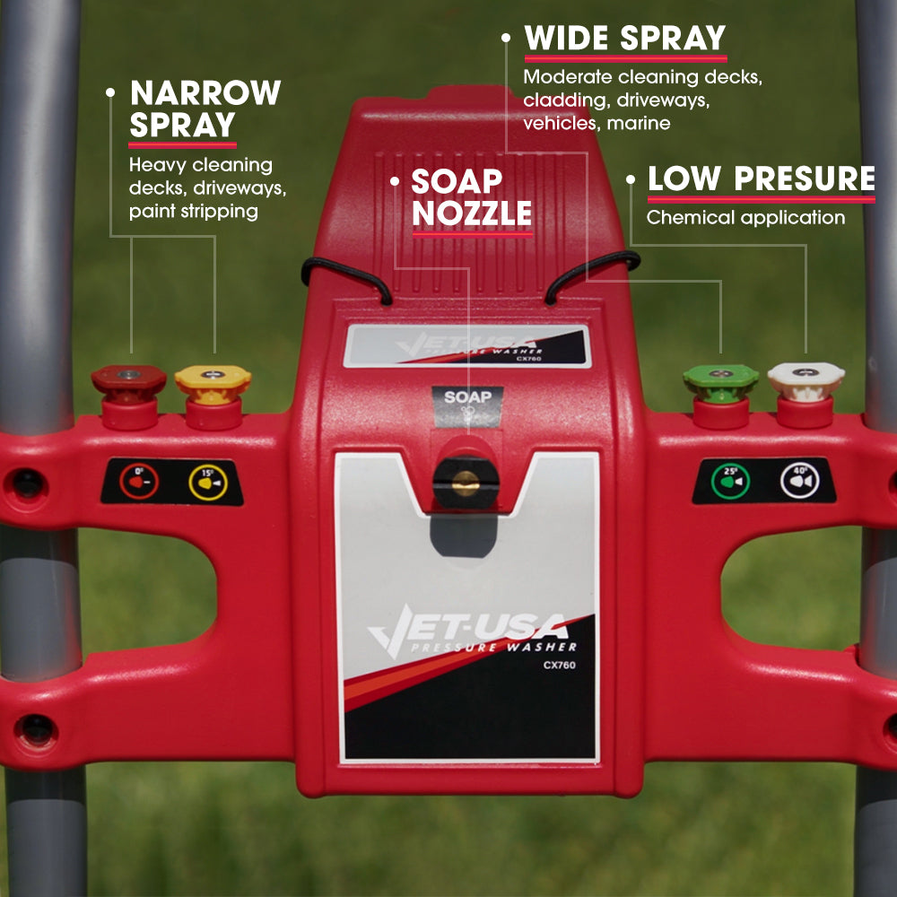 A portable pressure washer with a sturdy metal frame, large wheels, and a mounted wand. The JET-USA 4800PSI Petrol Powered High Pressure Washer, - CX760 features high-quality components, including a prominent engine, coiled hoses, and a detergent tank labeled "SOAP." It has red and black accents and a compact design.