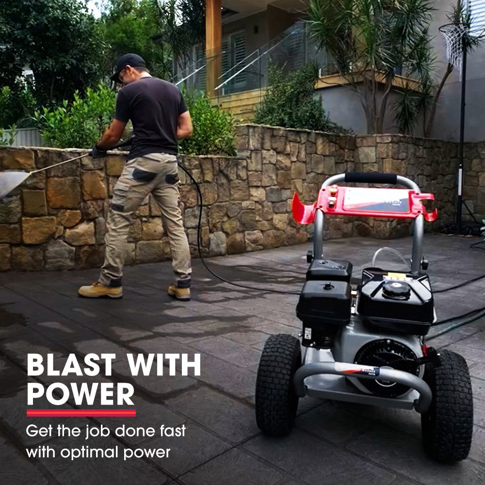 A high-powered Jet-USA 7HP 4800PSI Petrol High Pressure Washer 4-Stroke Engine Gun Water Cleaner Gurney 9M Hose with a sturdy metal frame, large black wheels, and multiple control knobs. It has a red and black handle with a connected hose and spray gun, designed for heavy-duty cleaning tasks. The machine features an engine, integrated tank, and various attachments.