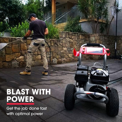 A high-powered Jet-USA 7HP 4800PSI Petrol High Pressure Washer 4-Stroke Engine Gun Water Cleaner Gurney 9M Hose with a sturdy metal frame, large black wheels, and multiple control knobs. It has a red and black handle with a connected hose and spray gun, designed for heavy-duty cleaning tasks. The machine features an engine, integrated tank, and various attachments.