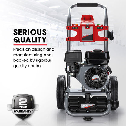 The JET-USA 4800PSI Petrol Powered High Pressure Washer, - CX630 features a black engine, large wheels, and a red control panel. Built with high-quality components, it includes various attachments and has a hose wrapped around the top. The metal frame with handlebars ensures easy maneuverability.