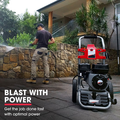 The JET-USA 4800PSI Petrol Powered High Pressure Washer, - CX630 features a black engine, large wheels, and a red control panel. Built with high-quality components, it includes various attachments and has a hose wrapped around the top. The metal frame with handlebars ensures easy maneuverability.