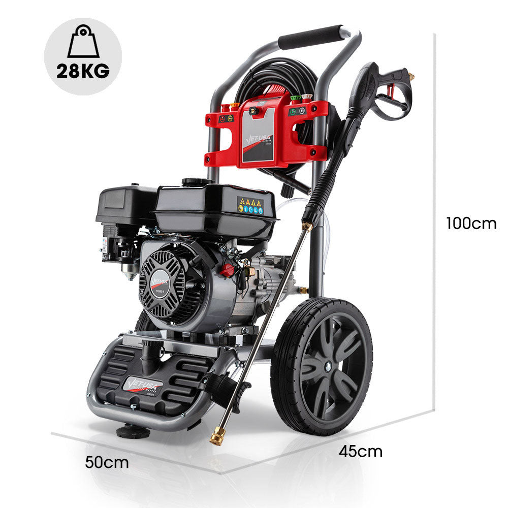 The JET-USA 4800PSI Petrol Powered High Pressure Washer, - CX630 features a black engine, large wheels, and a red control panel. Built with high-quality components, it includes various attachments and has a hose wrapped around the top. The metal frame with handlebars ensures easy maneuverability.