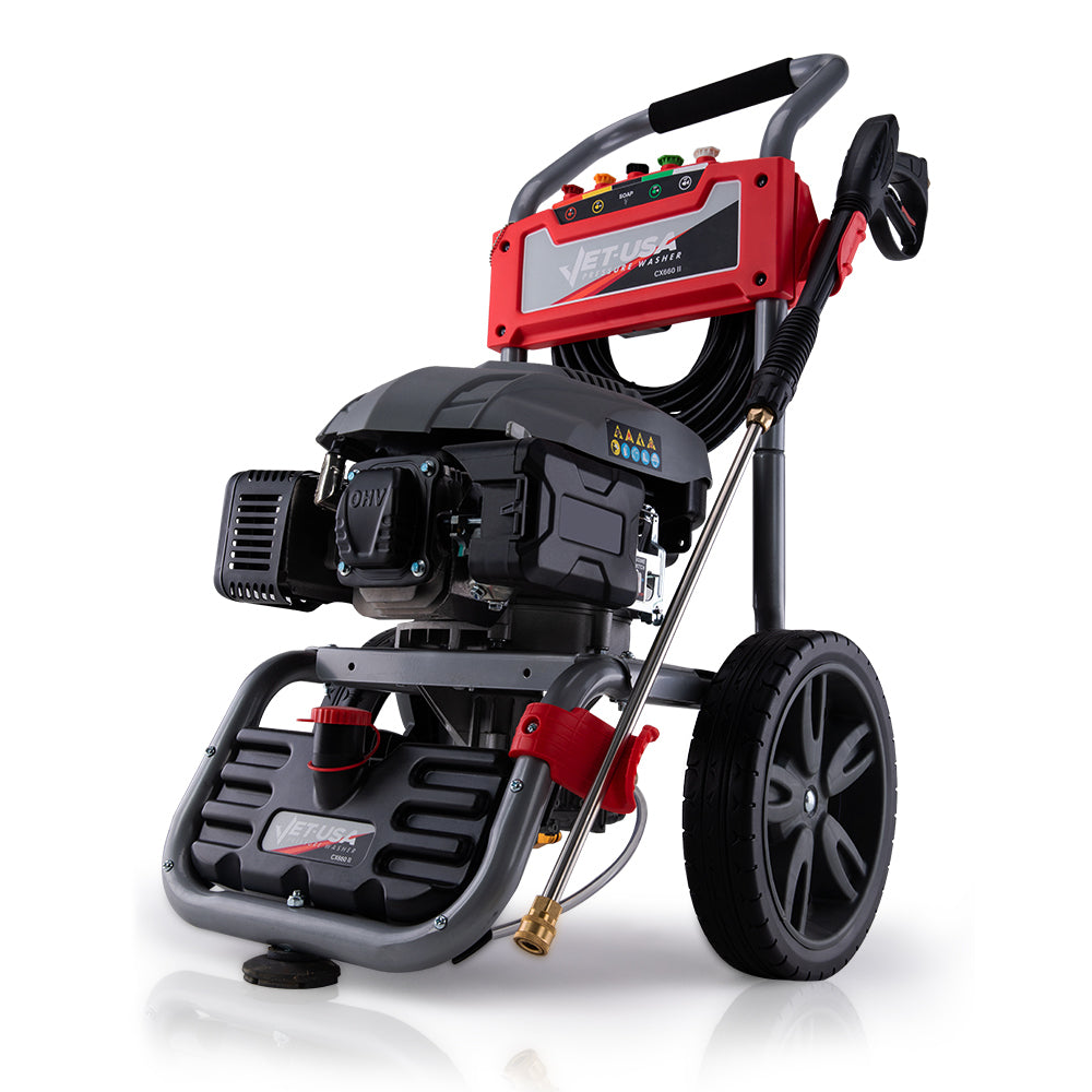 A black and red JET-USA 7HP 4800PSI Petrol High Pressure Washer Cleaner, Water Spray Gunrey, 30m Hose Drain Cleaner with large wheels is shown in a frontal view. It features a hose, spray gun holder, visible engine, and control panel on top. The design includes a sturdy frame and ergonomic handle for easy maneuvering, promising high power output for demanding tasks.