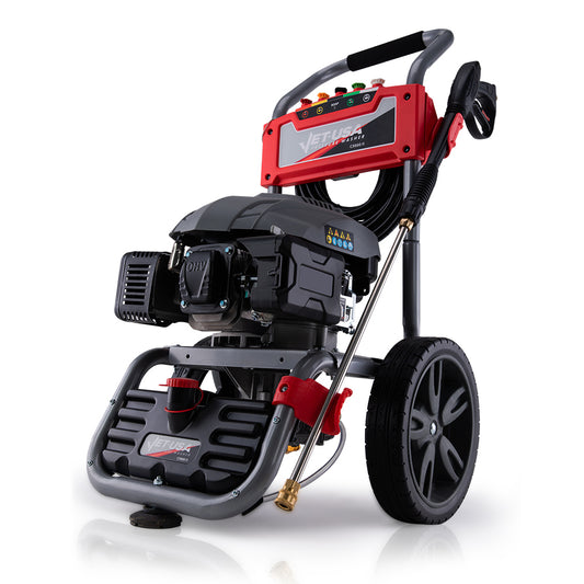 A black and red JET-USA 7HP 4800PSI Petrol High Pressure Washer Cleaner, Water Spray Gunrey, 30m Hose Drain Cleaner with large wheels is shown in a frontal view. It features a hose, spray gun holder, visible engine, and control panel on top. The design includes a sturdy frame and ergonomic handle for easy maneuvering, promising high power output for demanding tasks.