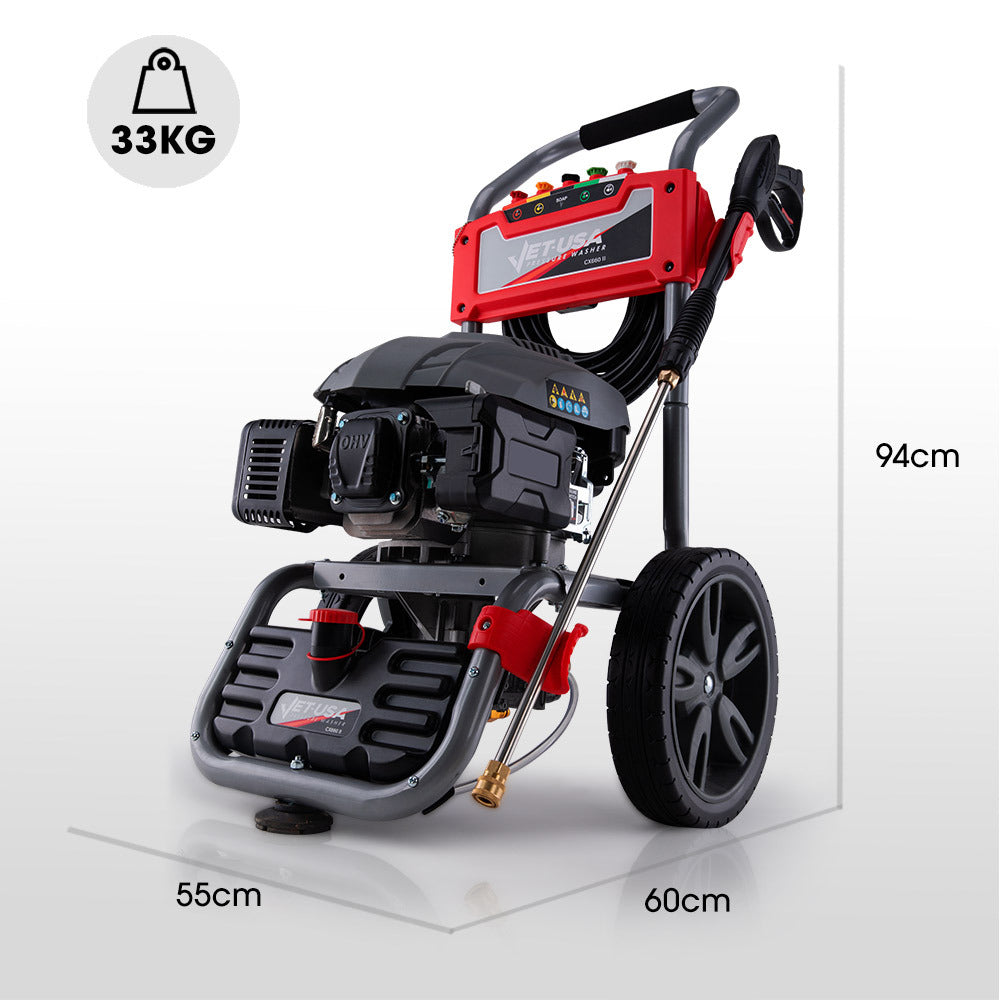 A black and red JET-USA 7HP 4800PSI Petrol High Pressure Washer Cleaner, Water Spray Gunrey, 30m Hose Drain Cleaner with large wheels is shown in a frontal view. It features a hose, spray gun holder, visible engine, and control panel on top. The design includes a sturdy frame and ergonomic handle for easy maneuvering, promising high power output for demanding tasks.