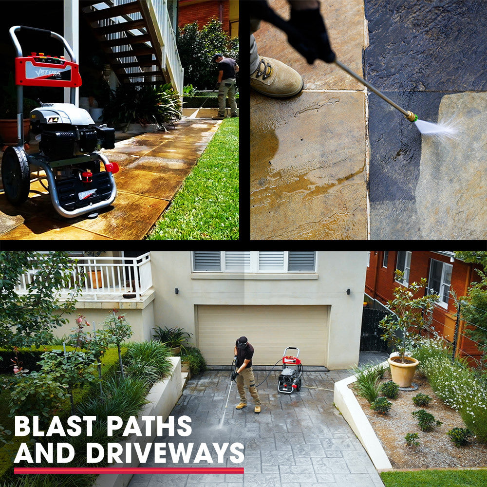 A black and red JET-USA 7HP 4800PSI Petrol High Pressure Washer Cleaner, Water Spray Gunrey, 30m Hose Drain Cleaner with large wheels is shown in a frontal view. It features a hose, spray gun holder, visible engine, and control panel on top. The design includes a sturdy frame and ergonomic handle for easy maneuvering, promising high power output for demanding tasks.