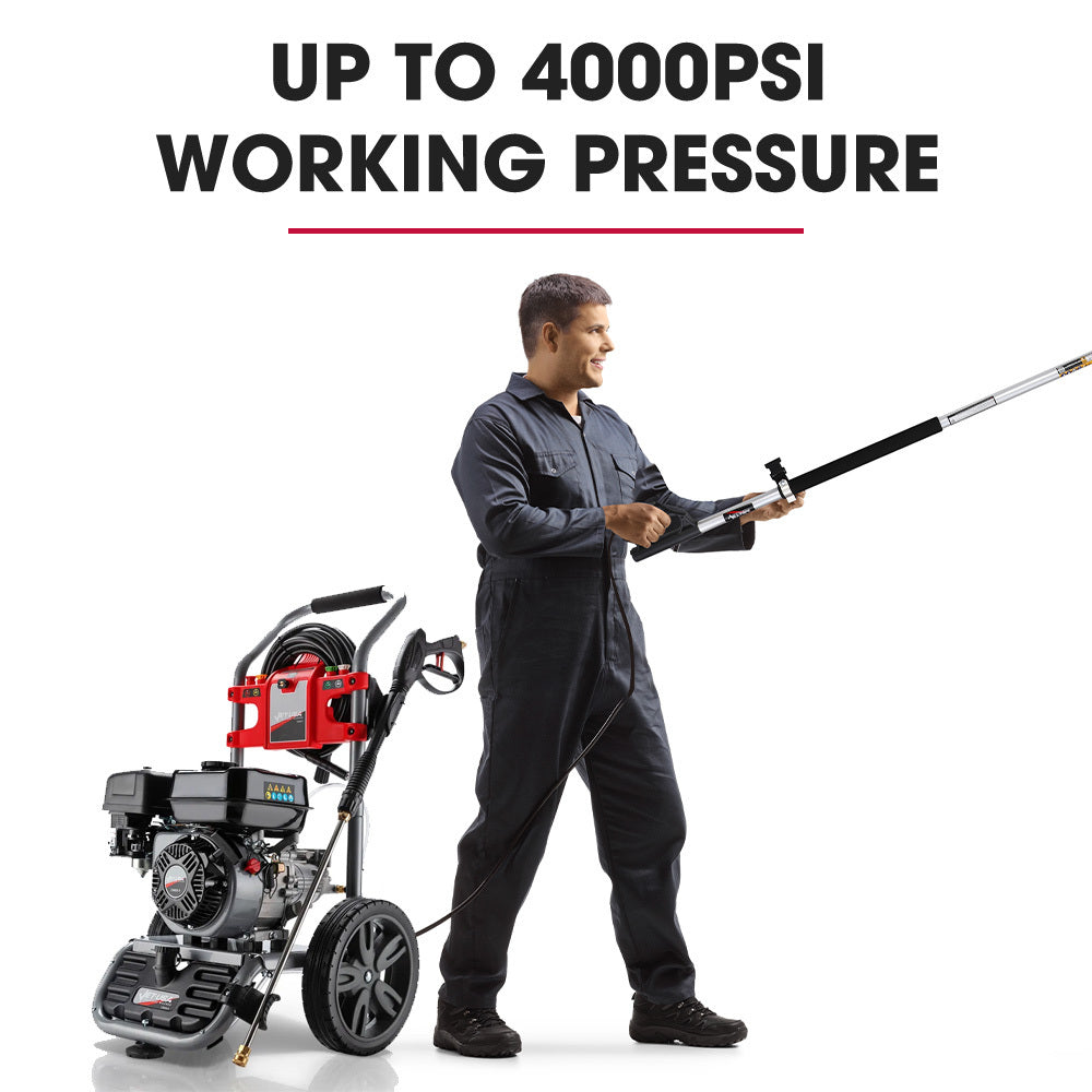 Image of a long, extendable pressure washer wand with a black grip handle and hose attachment. The set includes various metal spray nozzles and a high-pressure hose, ideal for cleaning jobs in hard-to-reach areas. Featuring the Jet-USA 4000PSI 5.5M Long Telescopic Universal Pressure Washer Cleaner Pole Wand Extension Lance.