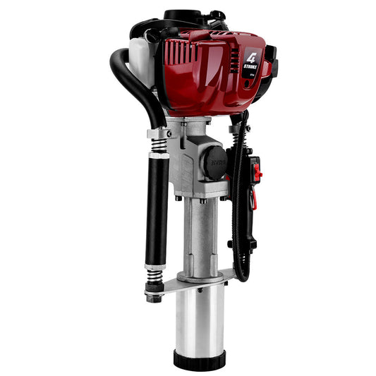 A red and silver Baumr-AG Petrol Post Driver 4-Stroke Pile Star Picket Rammer Fence Star Four with black and silver components. Designed for driving posts into the ground, it features a 4-stroke petrol engine at the top, a handle, and a sturdy metal piston at the bottom.