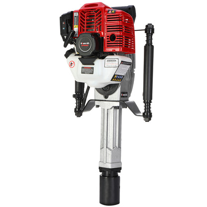 A red and black handheld jackhammer with a white fuel tank, commonly known as the Baumr-AG 52cc 2-Stroke Petrol Post Driver with Carry Case & 2 Drive Sockets. The machine features a cylindrical base for impact, dual handles for operation, and various labels and warnings on its body. This powerful 52cc two-stroke tool is ideal for breaking up concrete or asphalt surfaces.