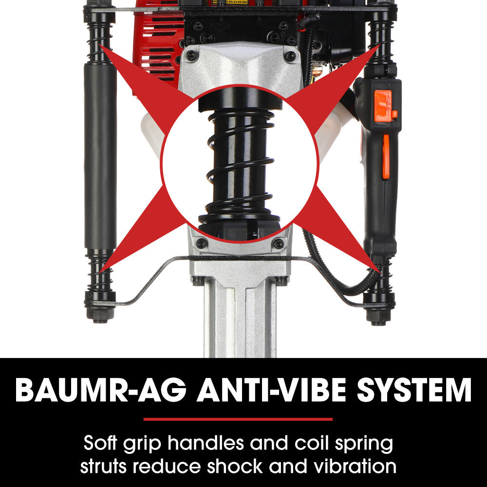 A red and black handheld jackhammer with a white fuel tank, commonly known as the Baumr-AG 52cc 2-Stroke Petrol Post Driver with Carry Case & 2 Drive Sockets. The machine features a cylindrical base for impact, dual handles for operation, and various labels and warnings on its body. This powerful 52cc two-stroke tool is ideal for breaking up concrete or asphalt surfaces.