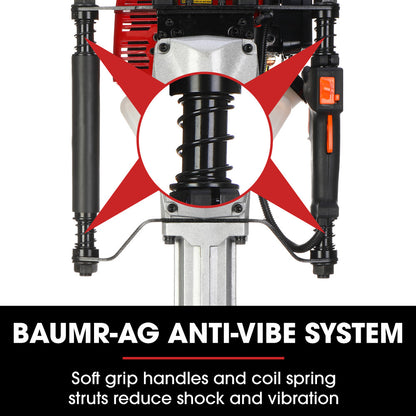 A red and black handheld jackhammer with a white fuel tank, commonly known as the Baumr-AG 52cc 2-Stroke Petrol Post Driver with Carry Case & 2 Drive Sockets. The machine features a cylindrical base for impact, dual handles for operation, and various labels and warnings on its body. This powerful 52cc two-stroke tool is ideal for breaking up concrete or asphalt surfaces.