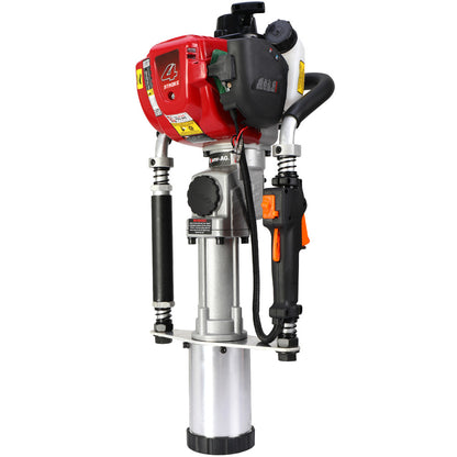 An image of a red and silver Baumr-AG 38cc 4-Stroke 40cc Petrol Post Driver, with Carry Case & 3 Piling Sleeves. The device has a black handle and various controls, with industrial design features, appearing well-suited for driving posts into the ground efficiently.