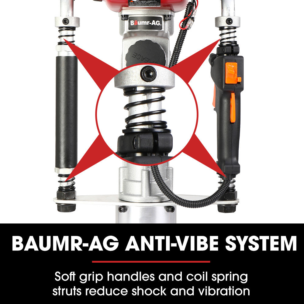 An image of a red and silver Baumr-AG 38cc 4-Stroke 40cc Petrol Post Driver, with Carry Case & 3 Piling Sleeves. The device has a black handle and various controls, with industrial design features, appearing well-suited for driving posts into the ground efficiently.