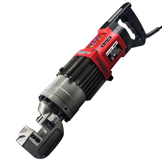 A close-up view of the BAUMR-AG 850W 16mm Rebar Cutter Hydraulic Electric Reo Bar Portable Machine Re, a hydraulic rebar cutter with a red and black design, metal cutting head, black handle, and power cord. This tool is designed for cutting rebar quickly and efficiently, making it ideal for construction and industrial settings.