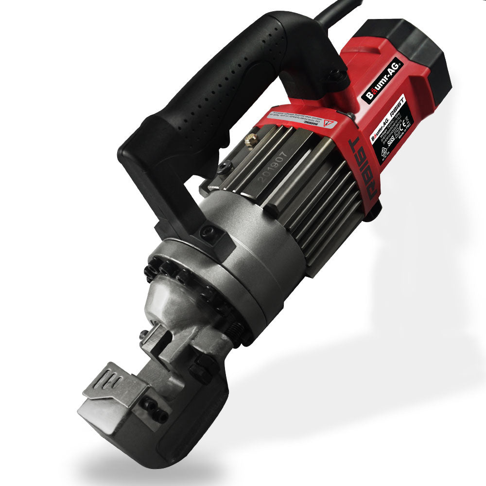 A red and black handheld electric rebar cutter with a power cable. The cutter has a robust metallic blade housing and ergonomic grip handle. The device, similar to the Baumr-AG 16mm Rebar Cutter Hydraulic Electric Reo Bar Portable Machine Re 850W, features a label indicating it is from the brand "ROBIST".