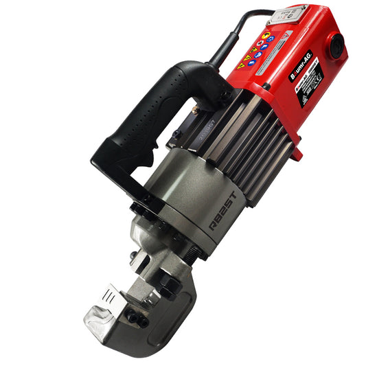 The Baumr-AG 1600W 25mm Rebar Cutter Electric Hydraulic Reo Bar Portable Machine Re, a heavy-duty handheld hydraulic rebar cutter, features a black ergonomic handle, metallic cutting head, and red motor casing. The device boasts clearly labeled buttons and operational symbols on the side for ease of use.