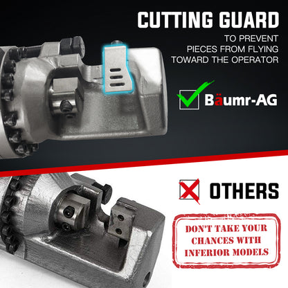 The Baumr-AG 1600W 25mm Rebar Cutter Electric Hydraulic Reo Bar Portable Machine Re, a heavy-duty handheld hydraulic rebar cutter, features a black ergonomic handle, metallic cutting head, and red motor casing. The device boasts clearly labeled buttons and operational symbols on the side for ease of use.