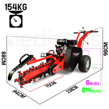 A red, heavy-duty Baumr-AG Trencher 600mm / 24" Trench Ditch Digger 4-stroke Petrol Chain Driven with rugged wheels and a black 8HP 4-stroke engine. The machine features a long, toothed digging chain at its front, equipped with 27 replaceable carbide alloy blades for trenching tasks. The brand name "Barreto" and model "1324D" are visible on the side of the engine housing.