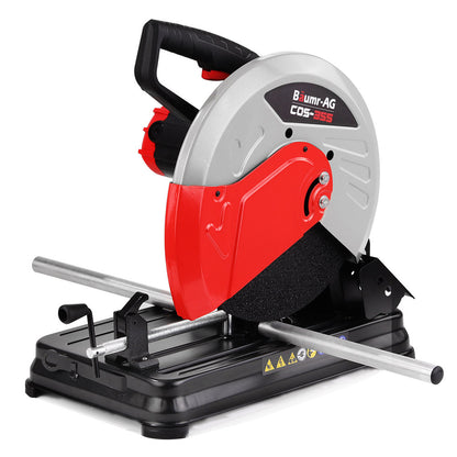 A Baumr-AG Metal Cut-Off Saw 14 Drop Chop Circular Cutting Machine Electric with a red and black handle, silver and red blade guard, and a black base equipped with a metal clamp for securing materials. Designed for cutting metal pipes and rods, it features a powerful 500W motor. The brand name "Baumr-AG" is prominently visible on the guard.