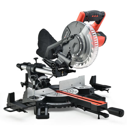 A black and red Tradie's Mate BAUMR-AG 210mm Compound Mitre Saw Dual Bevel Sliding Drop Saws 1500W with a silver blade, featuring a sliding mechanism and adjustable angles. Powered by a 1500W motor, the saw is mounted on a sturdy base with measurement markings and side supports, designed for precise cutting of wood and other materials.