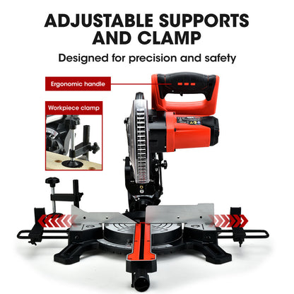 A black and red Tradie's Mate BAUMR-AG 210mm Compound Mitre Saw Dual Bevel Sliding Drop Saws 1500W with a silver blade, featuring a sliding mechanism and adjustable angles. Powered by a 1500W motor, the saw is mounted on a sturdy base with measurement markings and side supports, designed for precise cutting of wood and other materials.