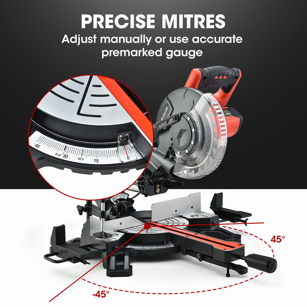 A black and red Tradie's Mate BAUMR-AG 210mm Compound Mitre Saw Dual Bevel Sliding Drop Saws 1500W with a silver blade, featuring a sliding mechanism and adjustable angles. Powered by a 1500W motor, the saw is mounted on a sturdy base with measurement markings and side supports, designed for precise cutting of wood and other materials.