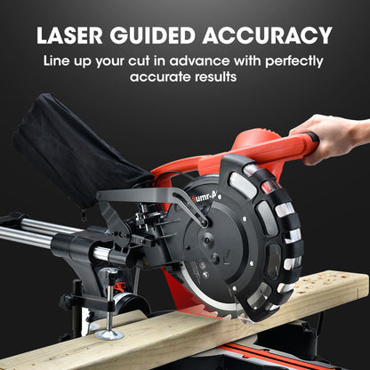 Image shows a black and red BAUMR-AG 254mm Dual Bevel Sliding Compound Mitre Drop Saw featuring a 2000W motor and a tungsten carbide tipped blade with a blade guard. The saw is positioned on a base with measurement guides and adjustment handles. The design includes an ergonomic handle, adjustable angles, and a dust collection bag.